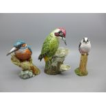 Three J. Mack figures of birds, Green Woodpecker, Long Tailed Tit and Kingfisher