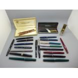 A collection of mainly Parker pens, including '17', 'Lady', 'Slimfold', most with 14ct gold nibs,