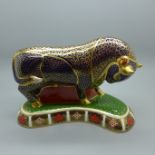 Royal Crown Derby Paperweight - Grecian Bull painted in the Imari palette, with gold stopper,