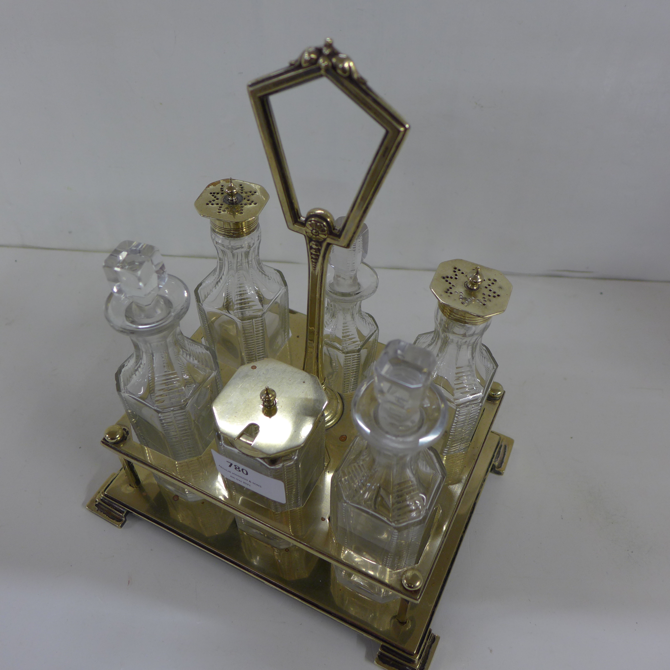 A six-bottle Art Deco cut glass and EPNS framed cruet with all original bottles - Image 2 of 4