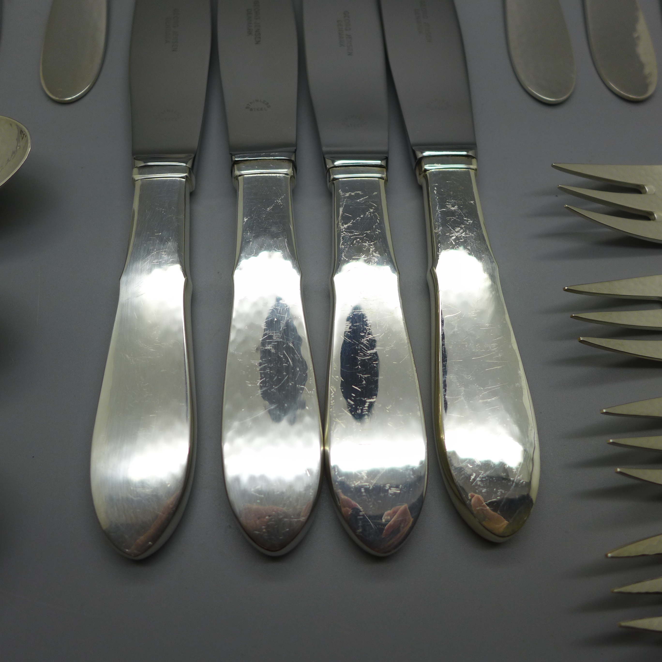 Four Georg Jensen silver plate Mermaid five piece flatware sets, dinner knife, dinner fork, salad - Image 3 of 11