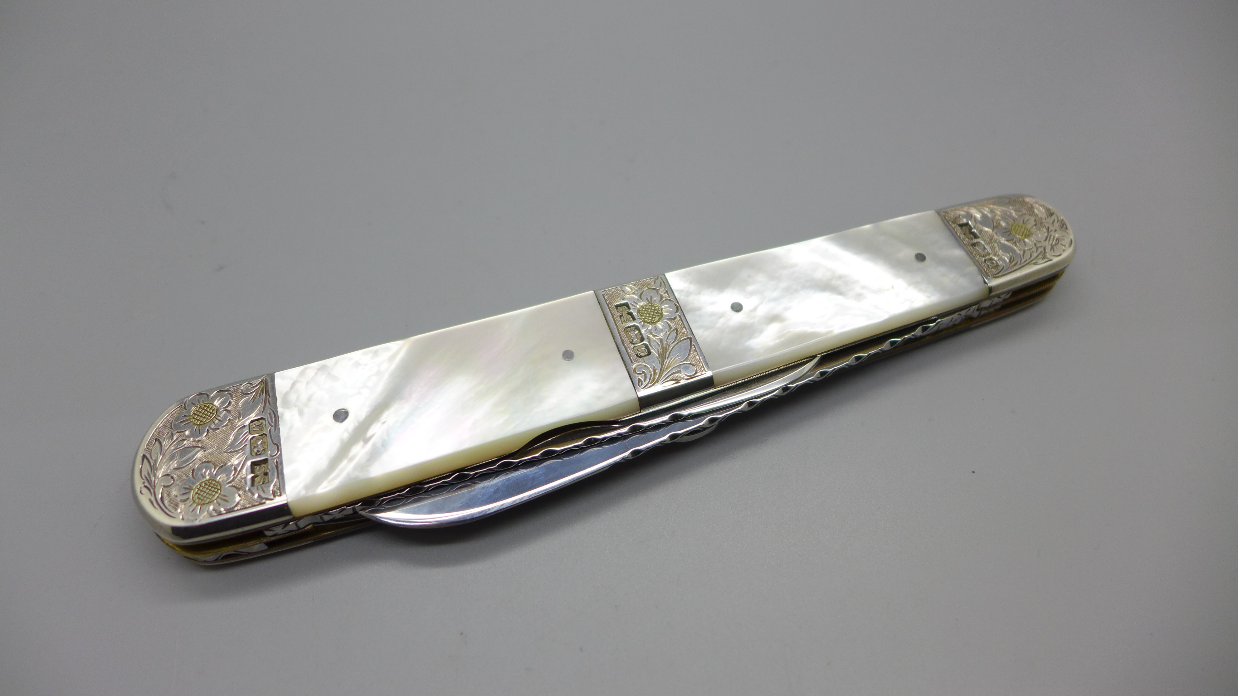 A Stan Shaw ceremonial silver mounted and mother of pearl 7" pocket knife, Sheffield 1990 - Image 12 of 12
