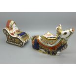 Two Festive Royal Crown Derby paperweights - Santa and Sleigh and Reindeer, both with gold
