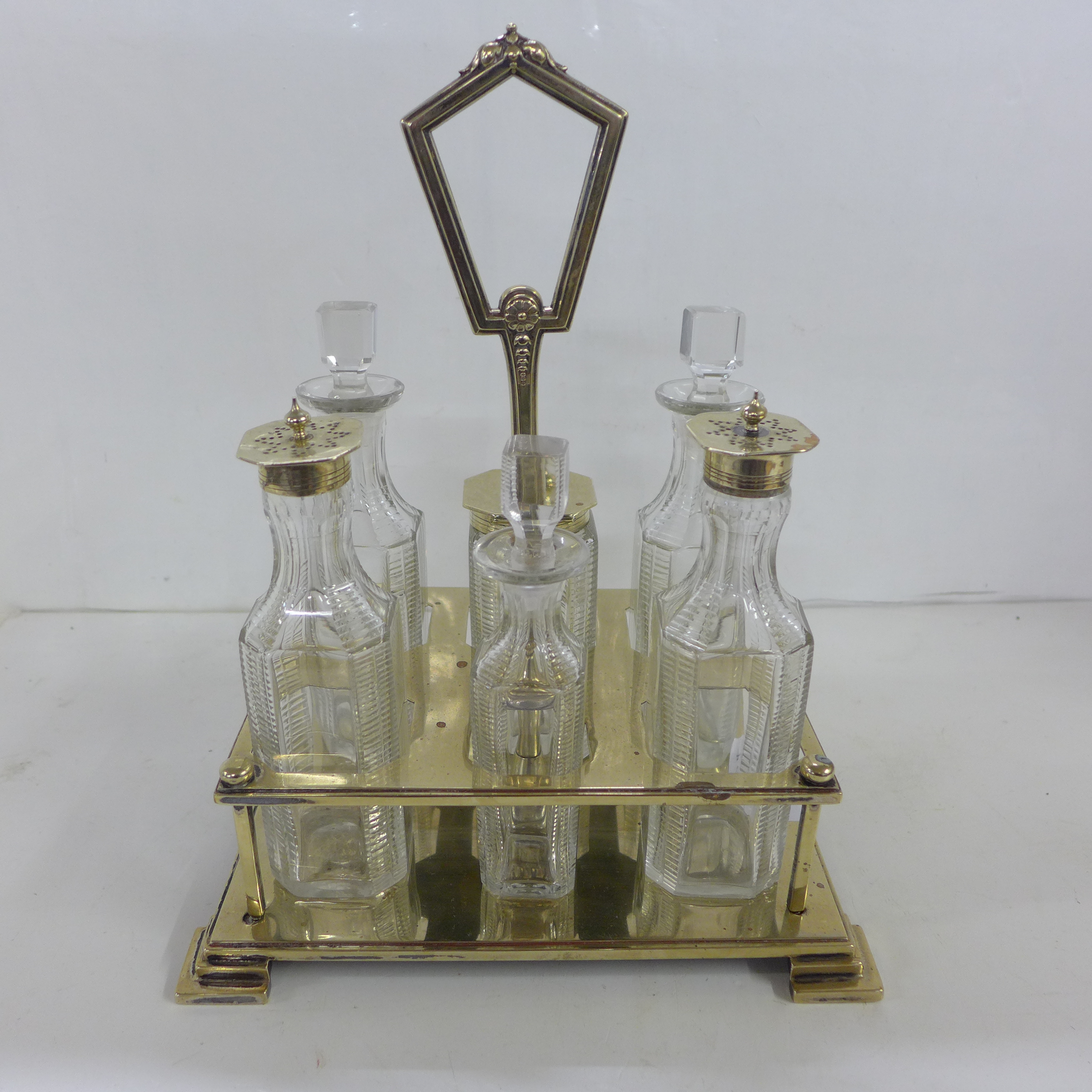 A six-bottle Art Deco cut glass and EPNS framed cruet with all original bottles - Image 3 of 4