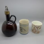 Two Victorian commemoratives and an early 19th Century blown brown glass brandy serving flagon