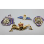 A RAF brooch, a Royal Navy Submarine badge and two British Legion badges