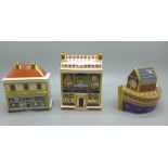 Three Royal Crown Derby Paperweights - The China Shop and The Toy Box with porcelain stoppers and