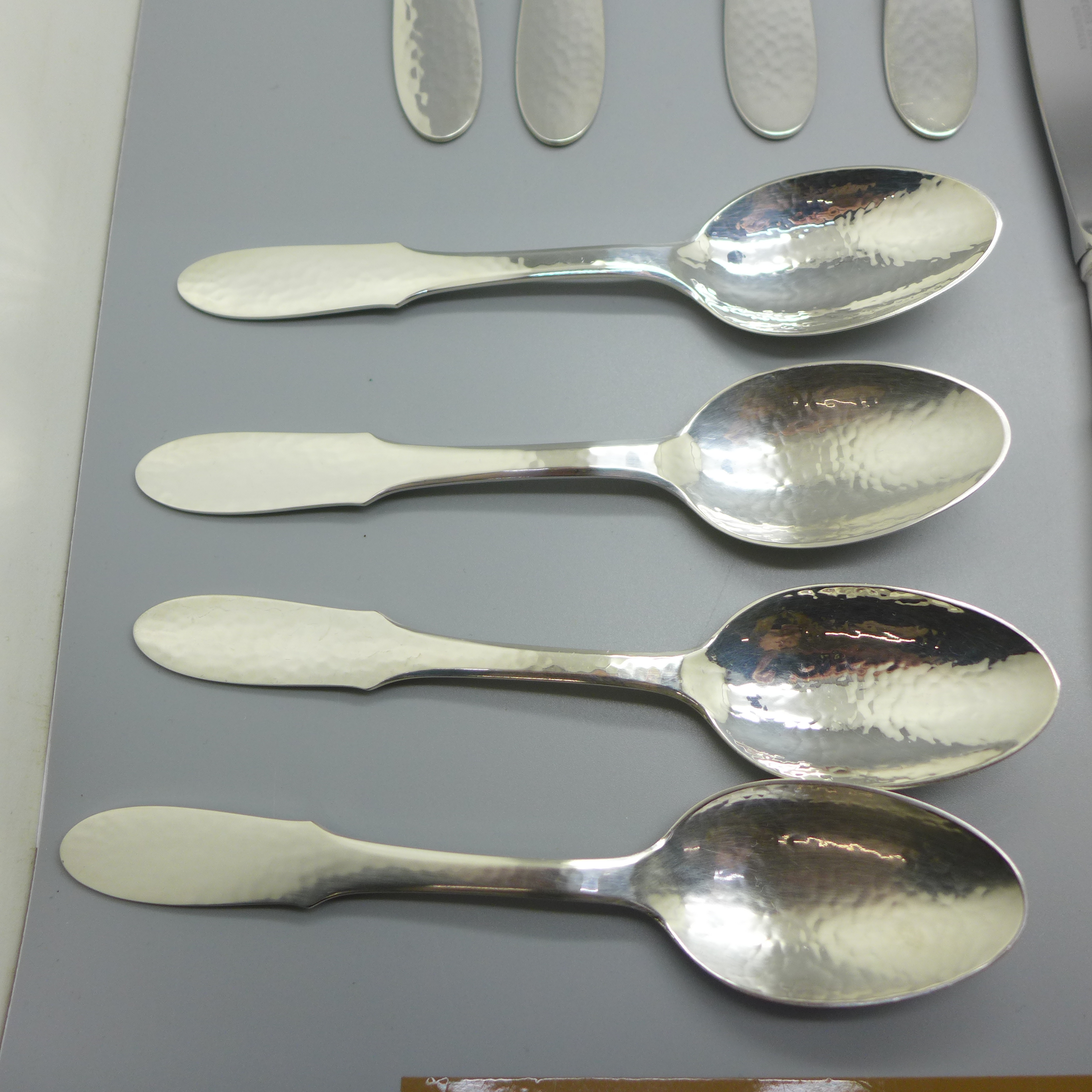 Four Georg Jensen silver plate Mermaid five piece flatware sets, dinner knife, dinner fork, salad - Image 2 of 11