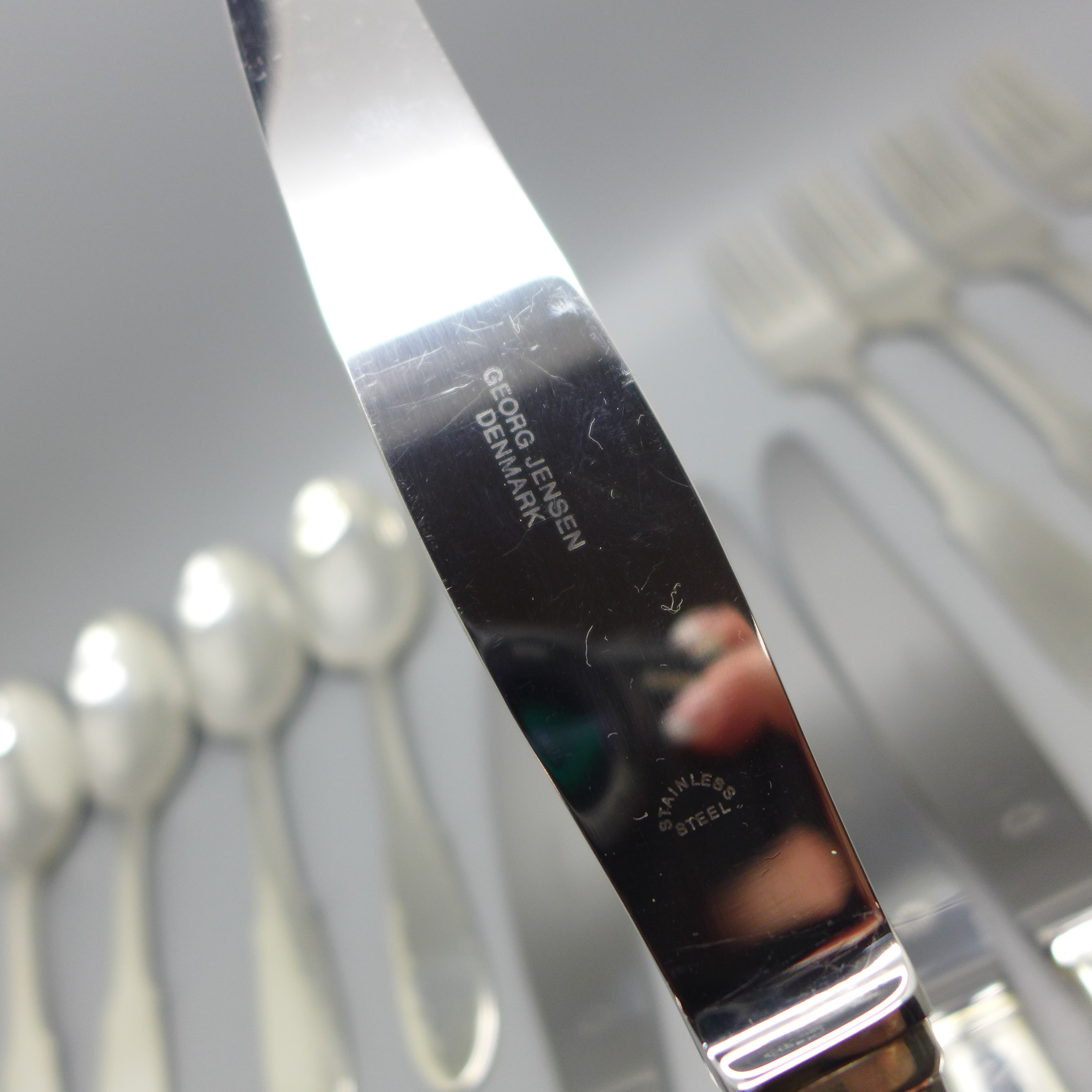 Four Georg Jensen silver plate Mermaid five piece flatware sets, dinner knife, dinner fork, salad - Image 7 of 11