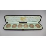 A cased set of six large silver Art Nouveau buttons, Birmingham 1903, Levi & Salaman, 3cm