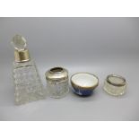 Four silver mounted items, a cut glass salt, a bottle. hair tidy and bowl