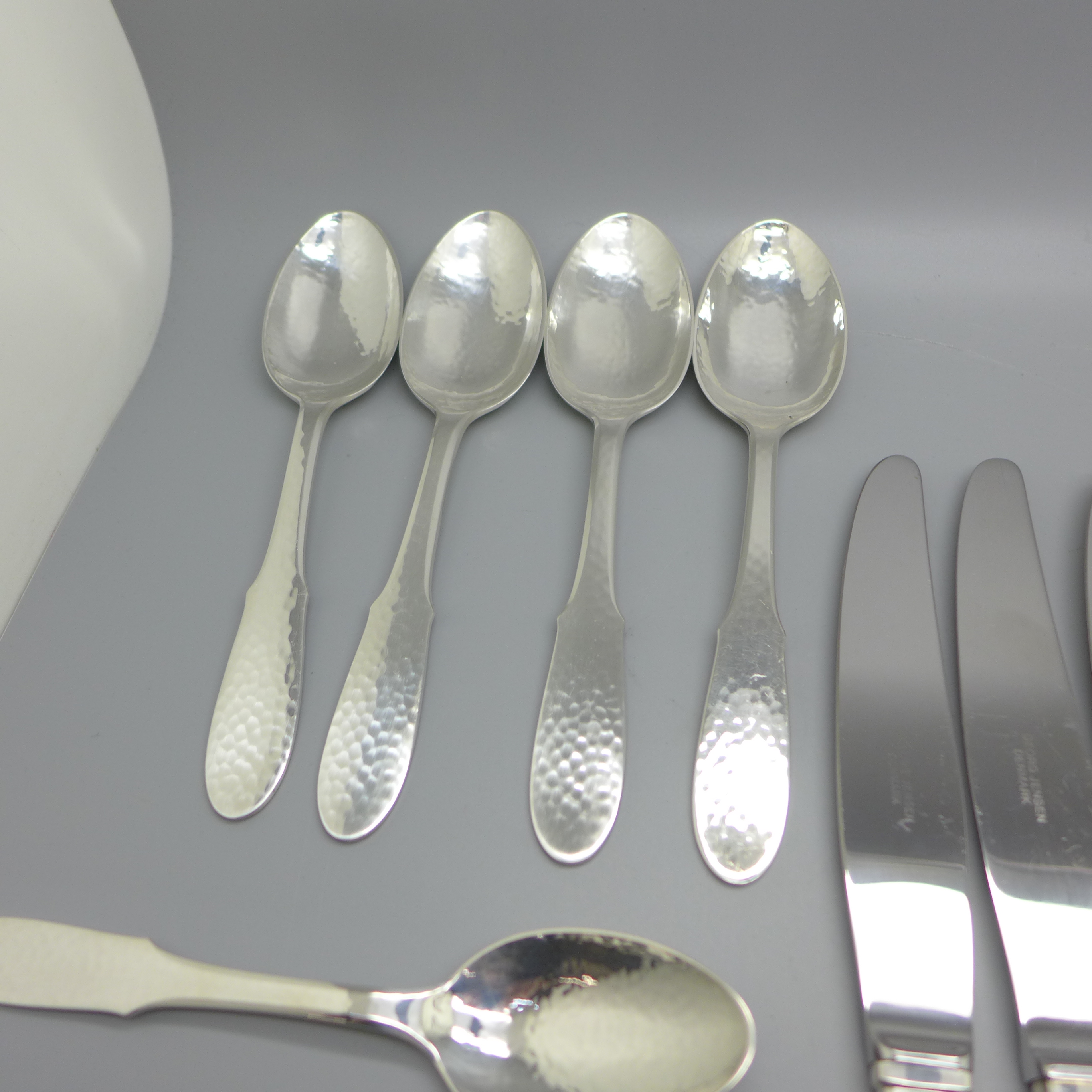 Four Georg Jensen silver plate Mermaid five piece flatware sets, dinner knife, dinner fork, salad - Image 6 of 11