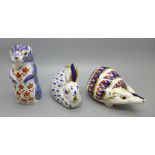 Three Royal Crown Derby paperweights, rabbit, hedgehog and chipmunk