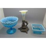 Two blue vaseline glass dishes and a small vaseline glass centrepiece