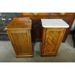 A Victorian mahogany and marble topped pot cupboard and an oak pot cupboard