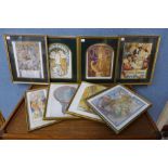 Eight small Art Nouveau prints, framed