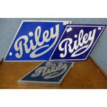 Three metal Riley car signs