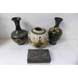 Two cloisonne vases, a/f, a ginger jar, lacking lid and a Chinese metal box, a/f