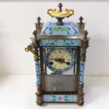 A French style brass and cloisonne enamel cased mantel clock, two door, 44cm tall