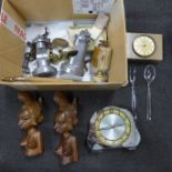 Assorted items including two carved busts, two clocks, small brassware, etc.**PLEASE NOTE THIS LOT