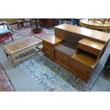 A teak bedside chest, a teak telephone seat and a tiled top coffee table