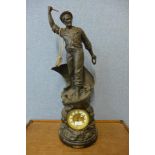 A large 19th Century spelter figural mantel clock, titled Cod Fishing, 75cms h