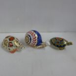 Three Royal Crown Derby paperweights - Tortoise in the Old Imari 1128 pattern, Terrapin with gilt