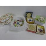 A box of Royal Crown Derby and other porcelain jewellery