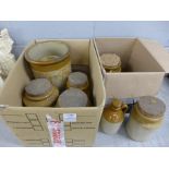 Two boxes of stoneware pots, jars and a flagon **PLEASE NOTE THIS LOT IS NOT ELIGIBLE FOR POSTING