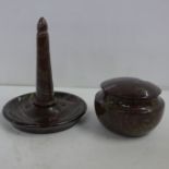 A turned Cornish serpentine ring holder and lidded dressing table pot, circa 1900