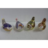 Four Royal Crown Derby Bird paperweights - Goldcrest, Wren, Blue Tit and Derby Wren, all with gold