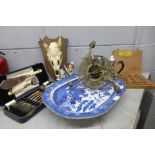 A Willow pattern plate, two plated jugs, fish knives and forks, a hanging light in the form of a