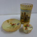 Three items of blush ivory Royal Worcester including one vase with York Minster painting