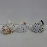 Three Royal Crown Derby paperweights - Collectors Guild Exclusives Meadow Rabbit and Bunny, with