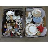 Two boxes of items including two clown figures by Hobo, figurines, vases, jugs, a model of a pig,