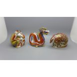 Three Royal Crown Derby paperweights - Armadillo with gold stopper and box, Monkey and Baby,