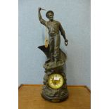 A large 19th Century spelter figural mantel clock, titled Cod Fishing, 75cms h