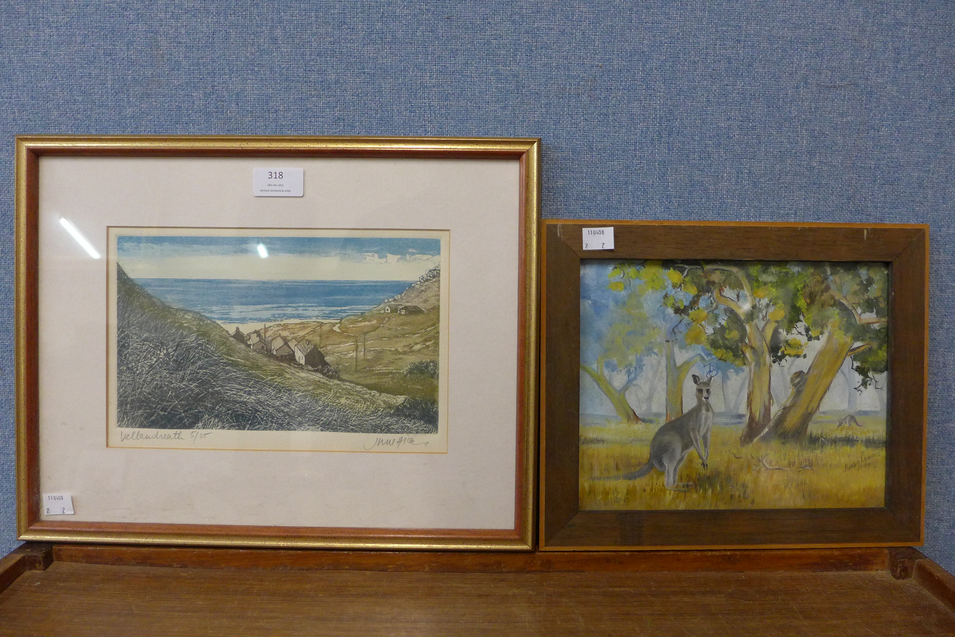 A limited edition etching, coastal scene and an Australian School oil