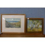 A limited edition etching, coastal scene and an Australian School oil