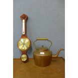 A copper kettle and a mahogany aneroid barometer