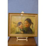 J. Chan, study of two children, oil on canvas, framed with easel