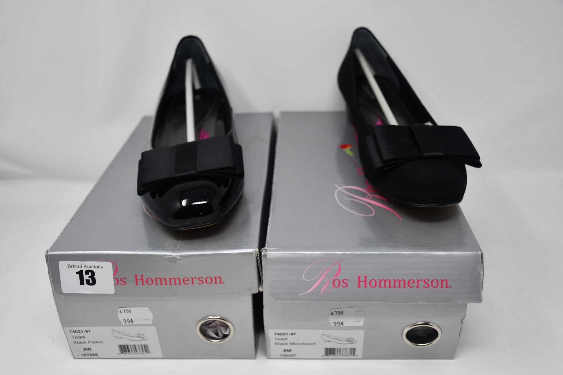 One as new Ros Hommerson Teddi low heeled shoe size 8W (colour: black patent). One as new Ros