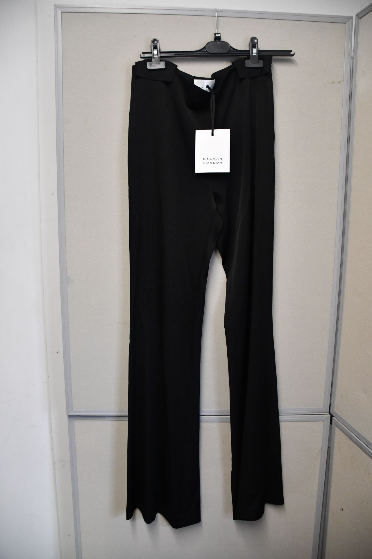 One as new Galvan London Satin Crepe high waisted satin black trousers size 42 (100COTR300201BK).
