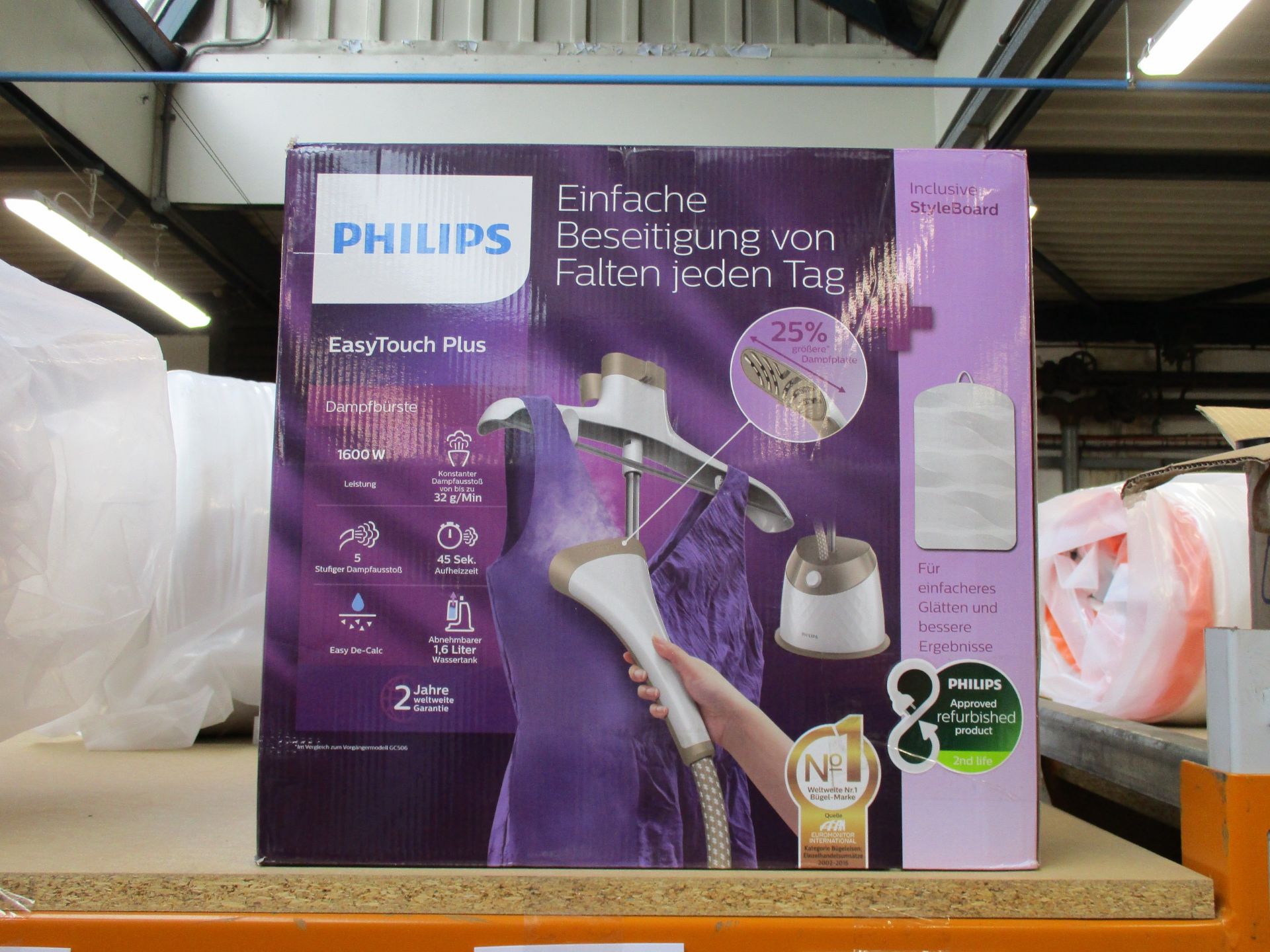 A boxed Philips EasyTouch garment steamer (GC524).