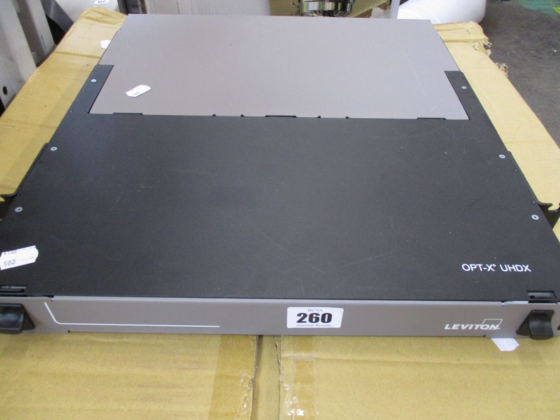 A pre-owned Leviton OPT-X UHDX 1RU Fiber Enclosure (Untested, sold as seen).