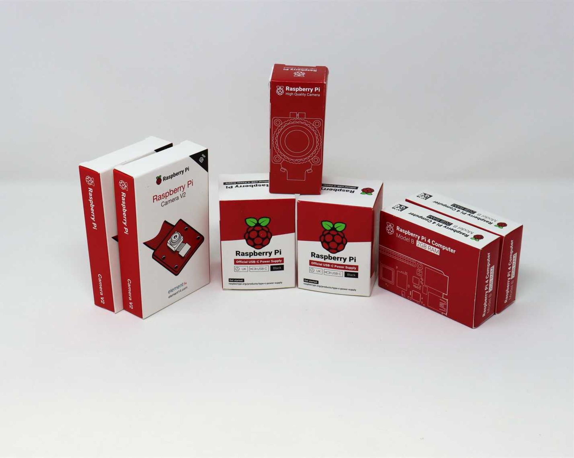 A quantity of boxed as new Raspberry Pi items to include; 2 x Raspberry Pi Camera V2, 2 x