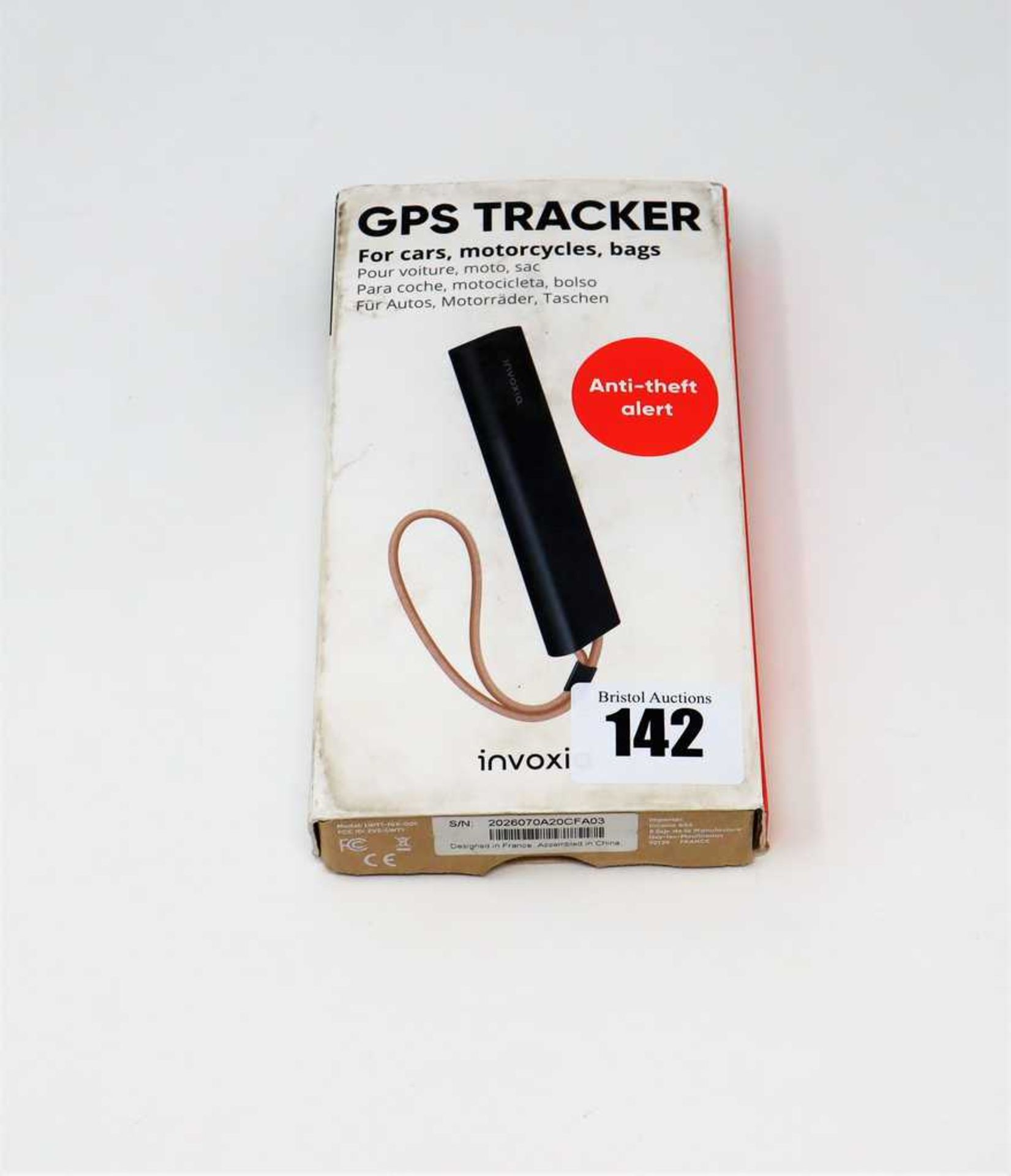 A pre-owned Invoxia GPS Tracker with Anti-Theft Alert (box damaged).