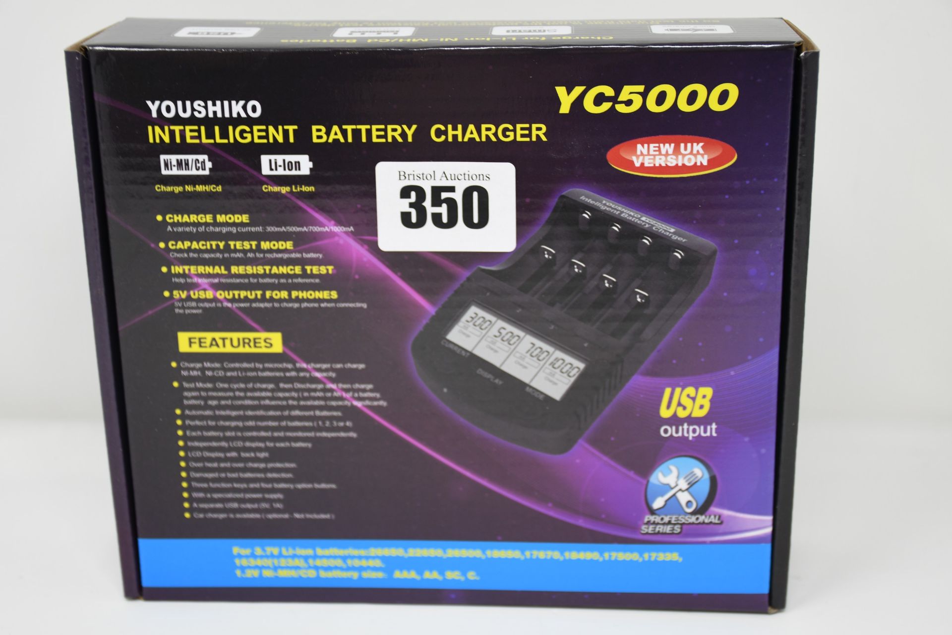 Five boxed as new Youshiko intelligent battery chargers (YC5000).