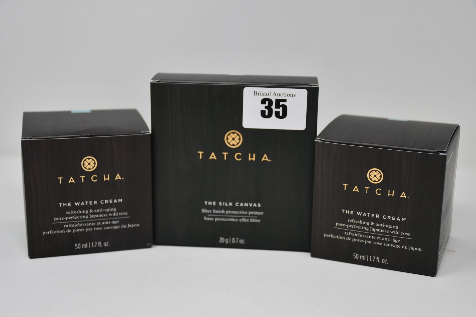 Two Tatcha The Water Cream (50ml) and one Tatcha The Silk Canvas (20g), all boxed as new.