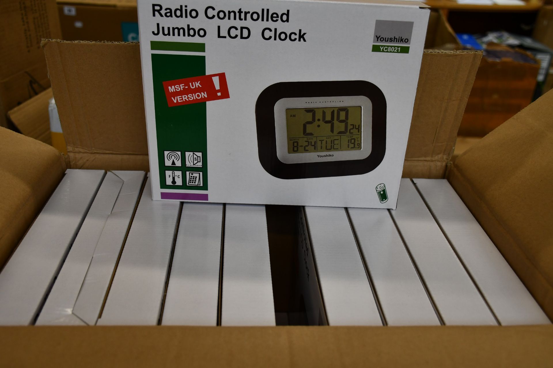 Twenty boxed as new Youshiko Radio Controlled Jumbo LCD Clocks (YC8021).